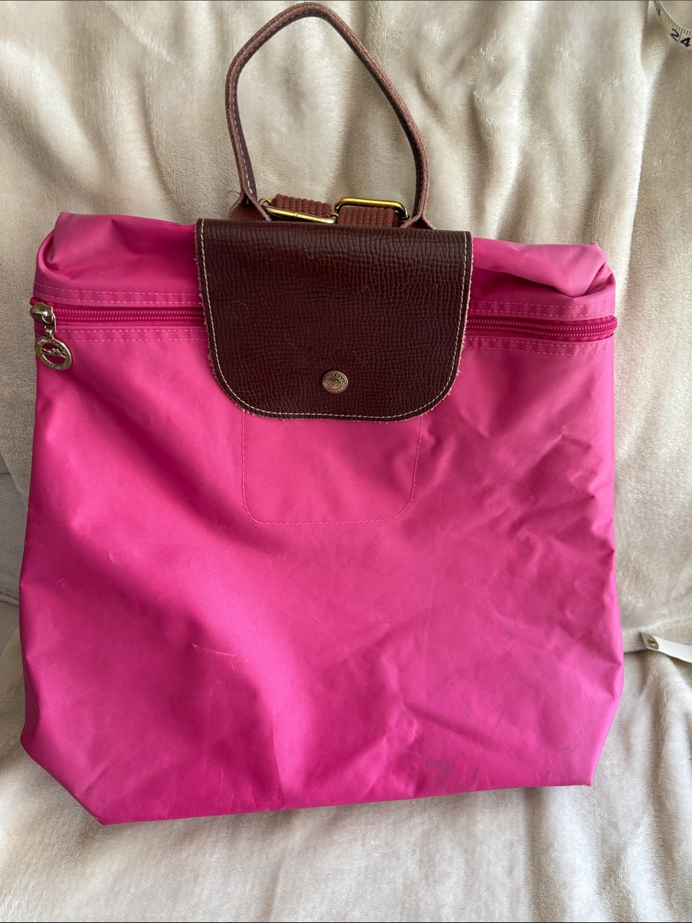 Longchamp Hot Pink Tote with Brown Trim and Handle